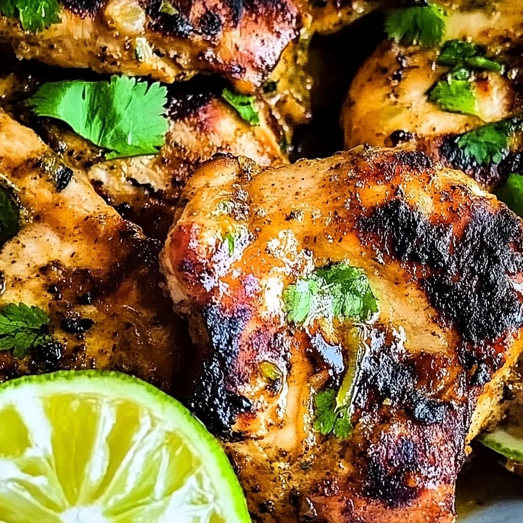 Delicious tequila lime chicken served with fresh lime and herbs