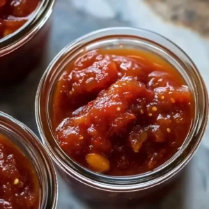 Homemade tomato jam with fresh ingredients in a jar.