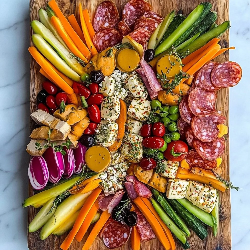 Colorful veggie charcuterie board with fresh vegetables and dips