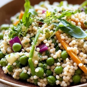 Vibrant Easter Spring Couscous Salad with fresh vegetables and herbs.