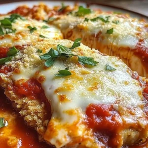 Baked Chicken Parmesan on a plate with melted cheese and fresh basil.