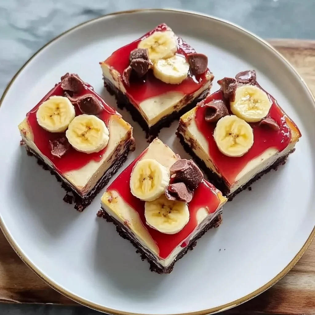 Delicious banana split cheesecake bars topped with whipped cream and cherries