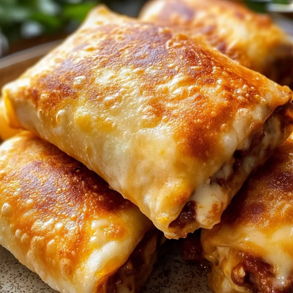 Plate of crispy beef and cheese chimichangas topped with salsa and garnished.