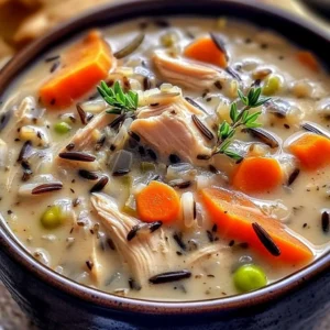 Bowl of Chicken Wild Rice Soup garnished with parsley and served with bread.