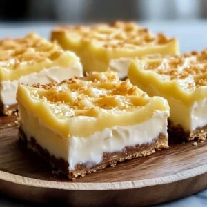 Delicious Coconut Pineapple Cream Pie Bars on a plate with tropical garnishes