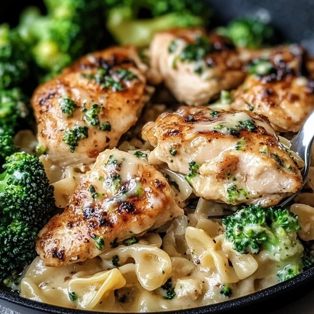 Plate of Cowboy Butter Lemon Bowtie Chicken with Broccoli garnished with herbs.