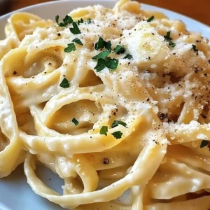 Delicious creamy linguine topped with herbs and parmesan cheese