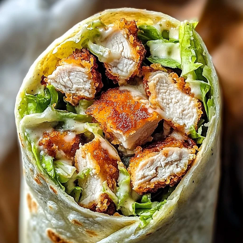 Delicious Crispy Chicken Caesar Wrap with fresh ingredients wrapped in a tortilla.