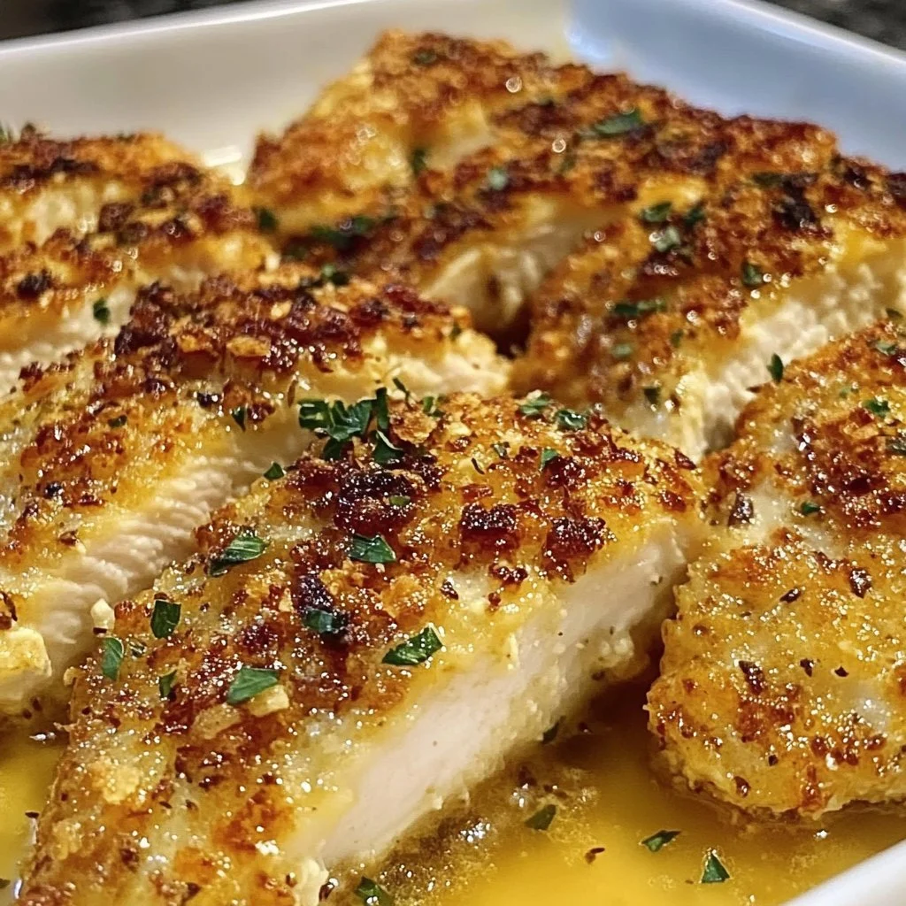 Delicious Crispy Parmesan Crusted Chicken garnished with herbs