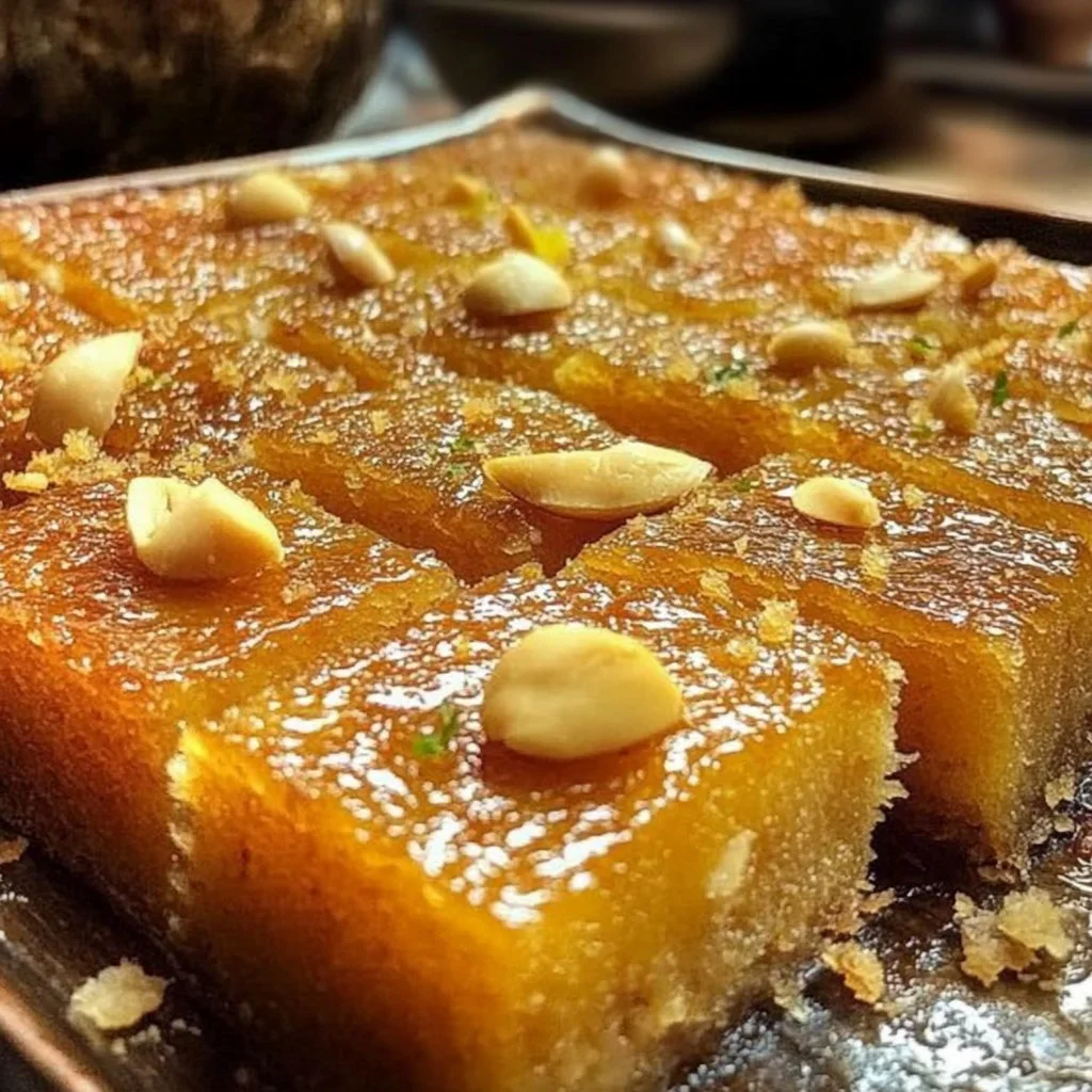 Delicious easy Basbousa cake with syrup topping served on a plate