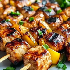 Delicious Easy Hawaiian Chicken Kabobs ready for grilling with colorful veggies.