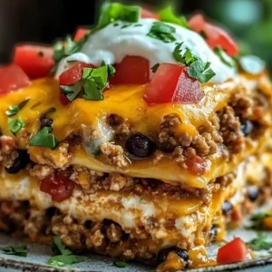 Delicious easy taco casserole served in a baking dish with toppings.