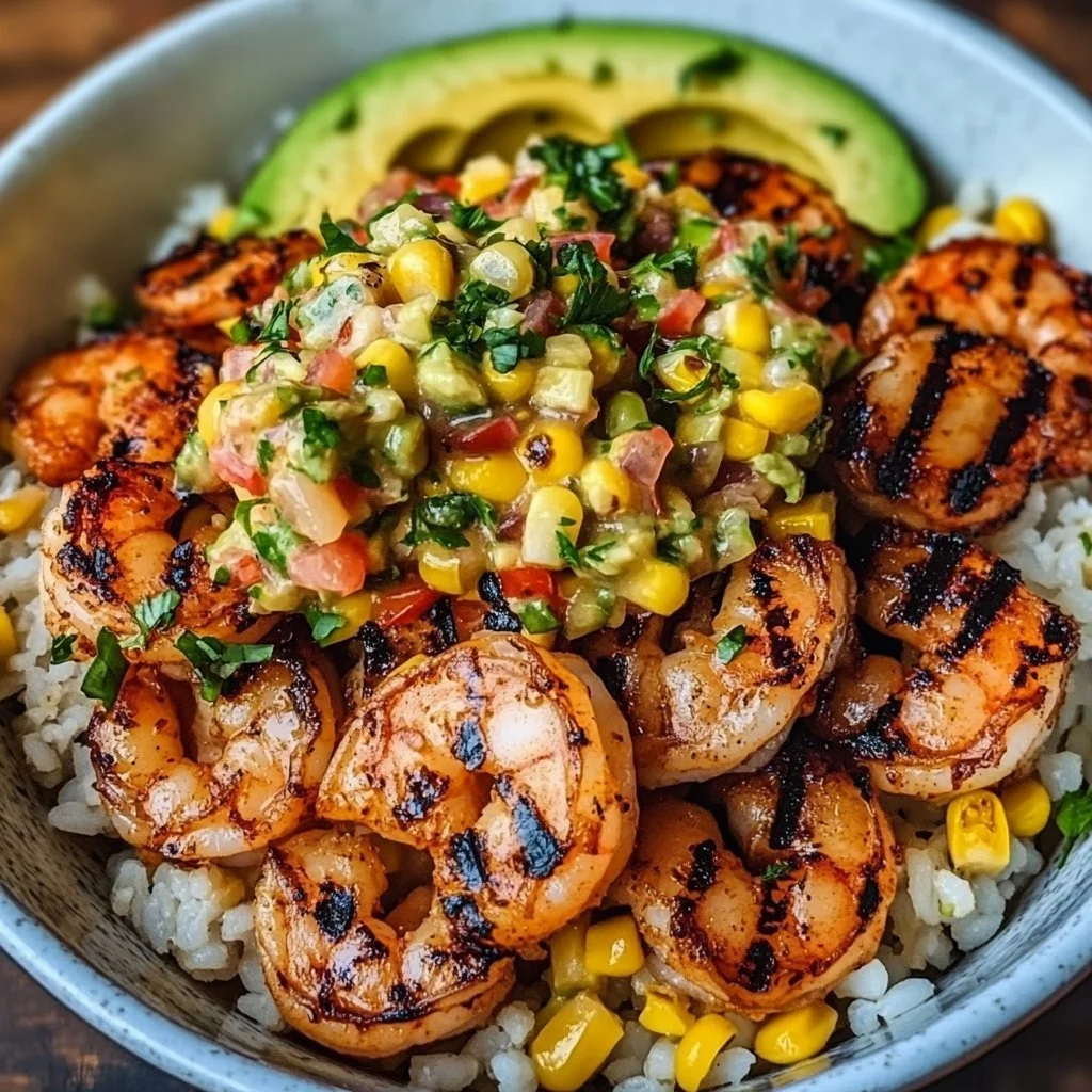 Grilled shrimp bowl with avocado corn salsa, vibrant and healthy meal