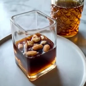 A glass of homemade amaretto on a wooden table with almonds around it.