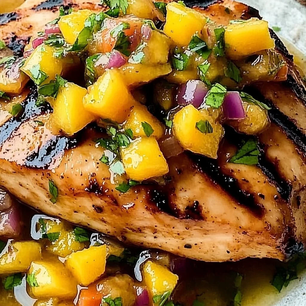 Honey Lime Chicken served with colorful mango salsa on a plate.