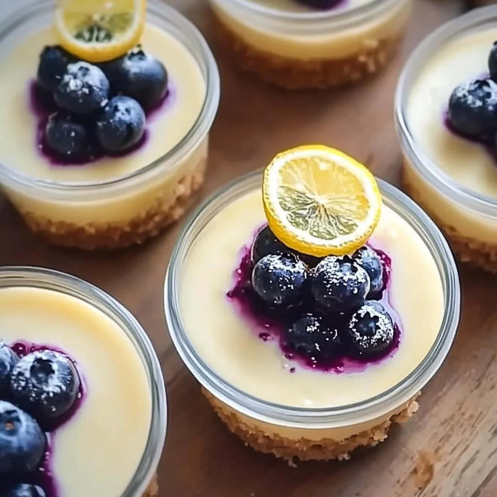 Lemon Blueberry Cheesecake Cups garnished with fresh blueberries