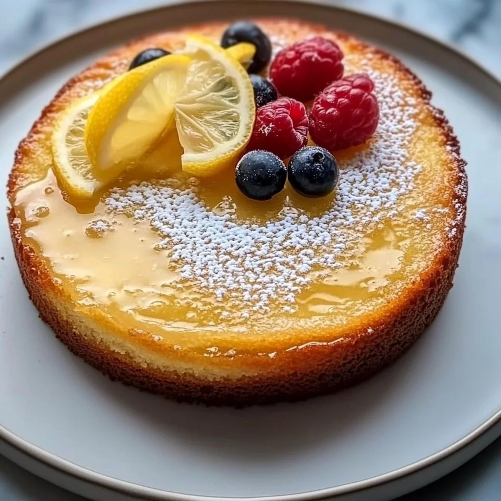 Delicious homemade Lemon Olive Oil Cake garnished with lemon slices.