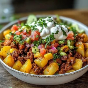 Delicious loaded potato taco bowl with fresh toppings and spices