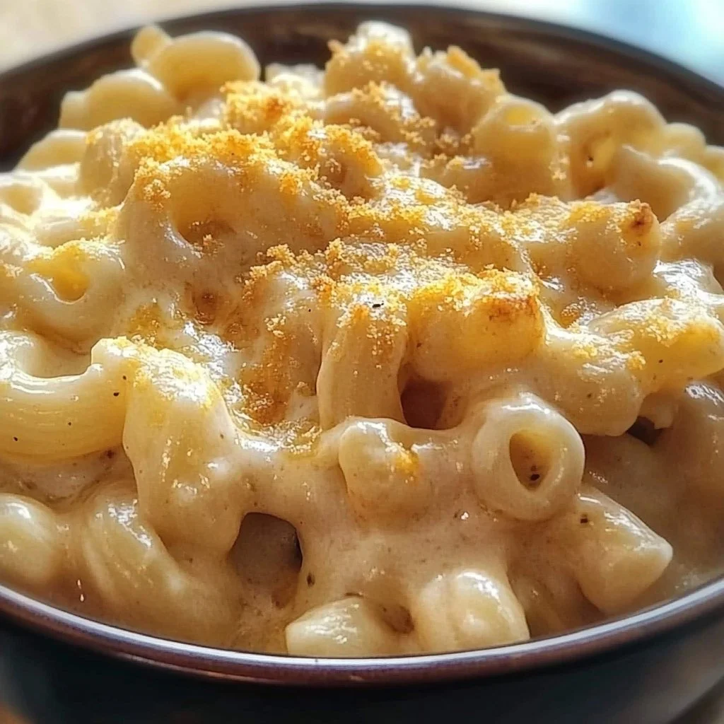 Healthy low calorie mac and cheese dish served in a bowl with garnish.