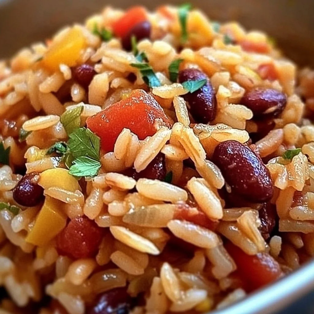 Healthy Mediterranean Rice and Beans dish served in a bowl with fresh herbs.