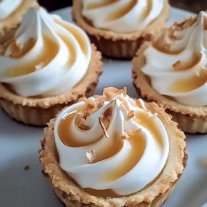 Mini coconut cream pies topped with toasted meringue on a dessert plate