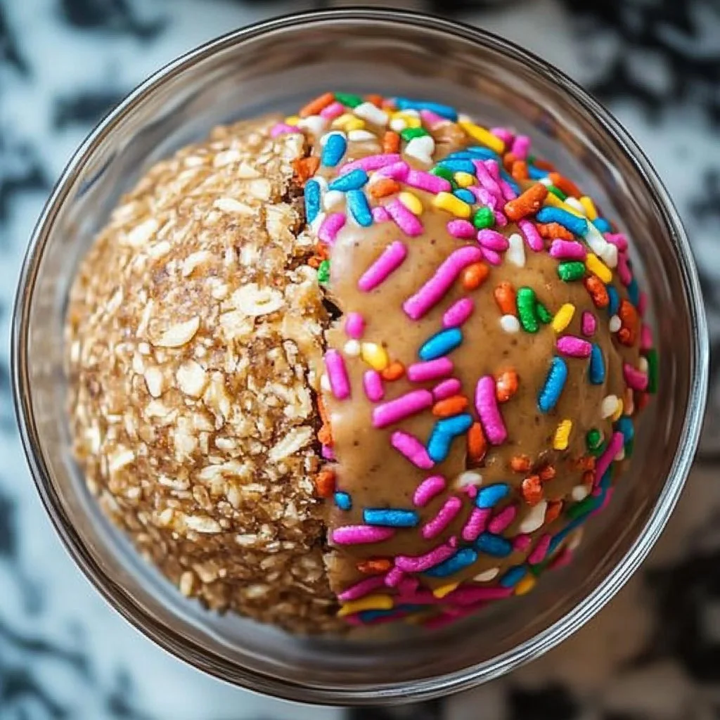 Delicious no bake cake batter protein balls ready to enjoy as a healthy snack.