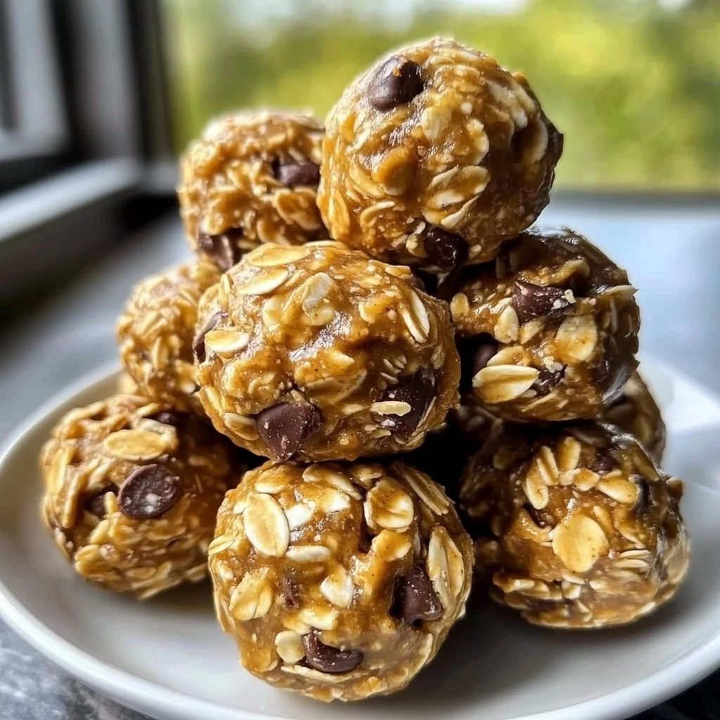 No-bake peanut butter energy bites on a plate, a healthy snack option.