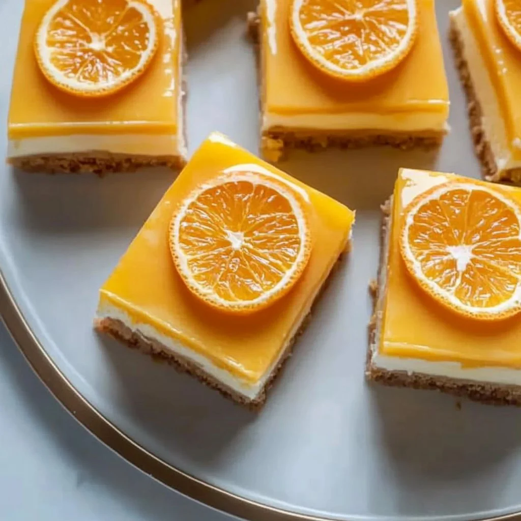 Delicious orange creamsicle bars stacked on a white plate