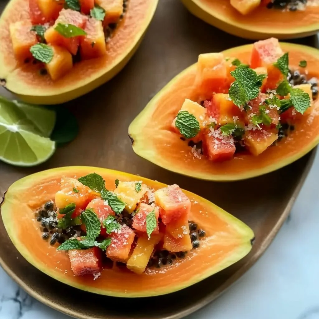 Delicious papaya lime boats filled with fresh fruit and lime zest