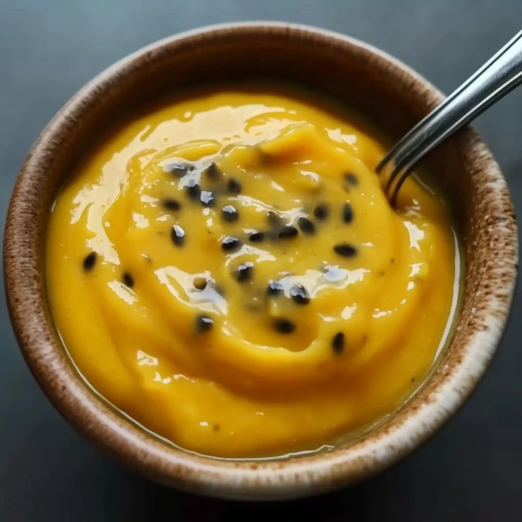 Delicious homemade passion fruit curd in a glass jar with fresh fruit