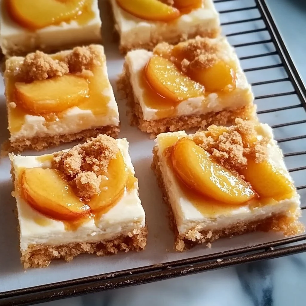 Delicious Peach Cobbler Cheesecake Bars with fresh peaches and creamy filling