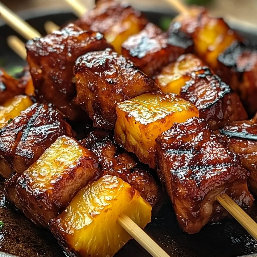 Pineapple BBQ pork skewers on a grill, showcasing a delicious summer dish.