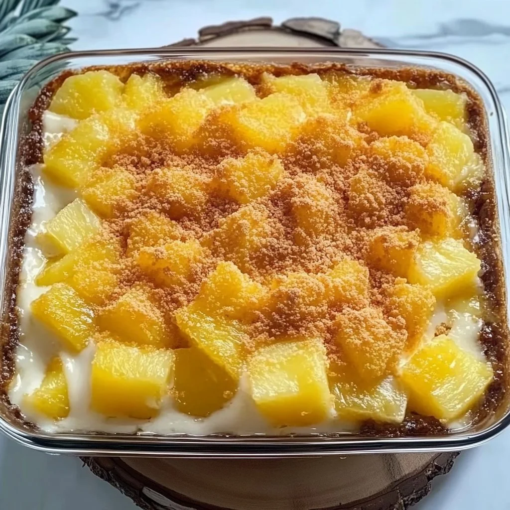 Delicious Pineapple Coconut Dump Cake topped with coconut flakes and pineapple