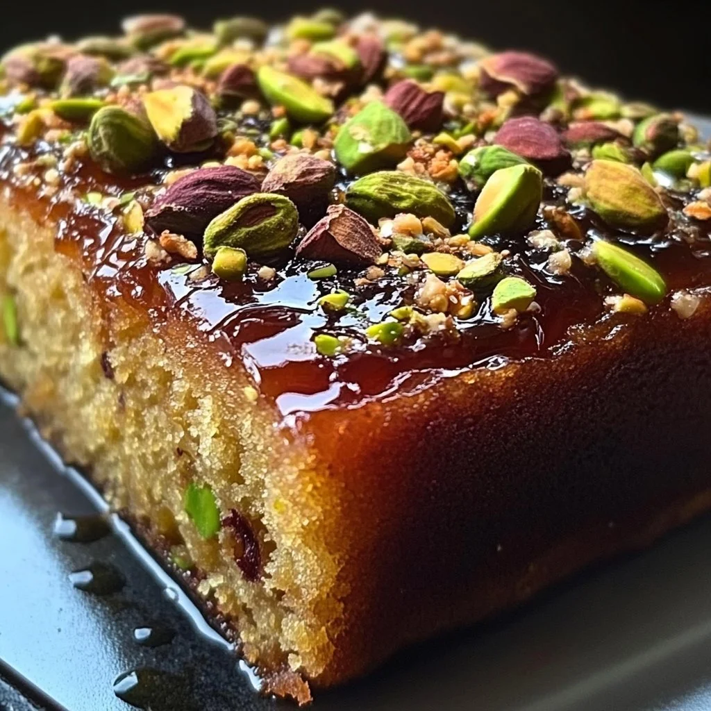 Moist Pistachio Yogurt Cake topped with crushed pistachios and yogurt glaze.