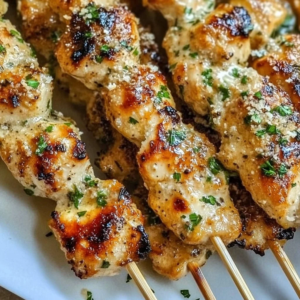 Ranch Garlic Parmesan Chicken Skewers ready for grilling