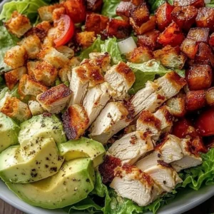 Savory BLT chicken salad with bacon, lettuce, and tomatoes in a bowl