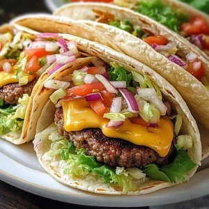 Delicious smash burger tacos served with toppings and sauces
