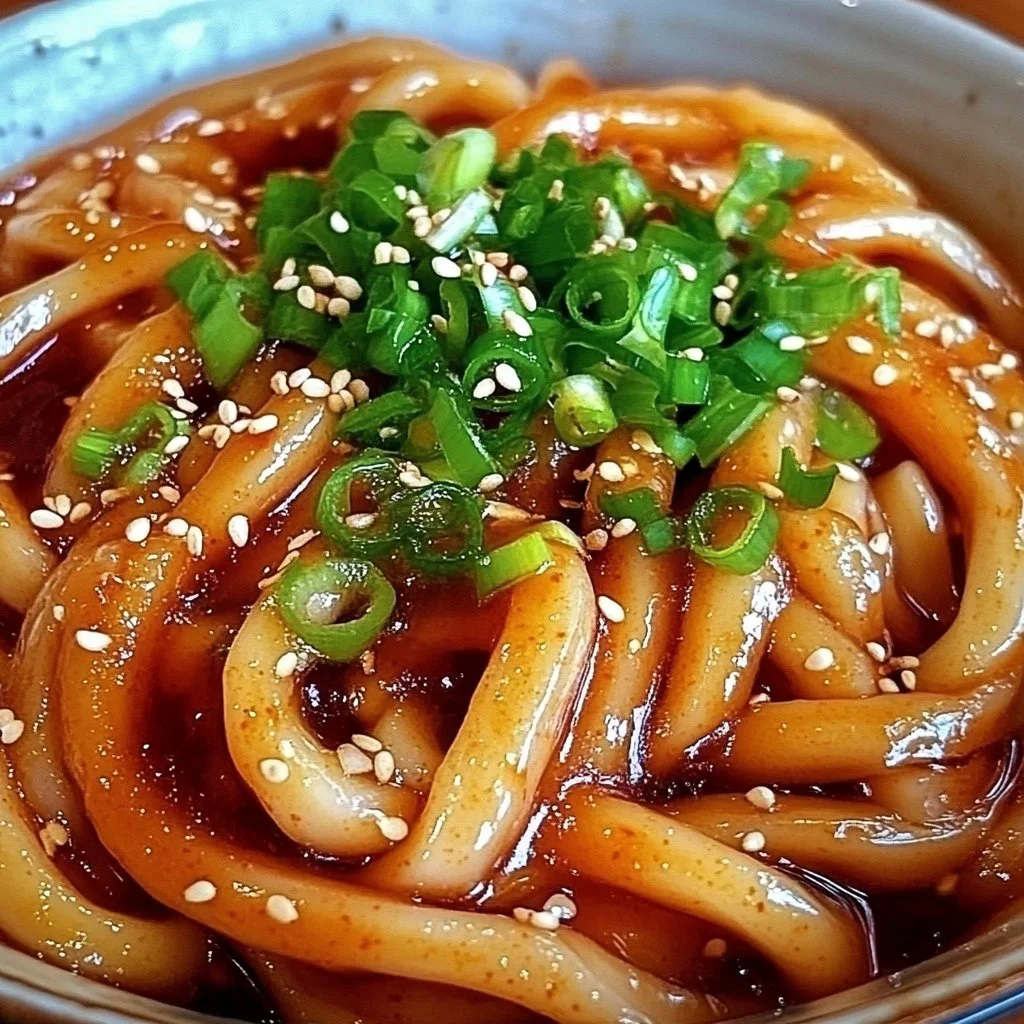 Bowl of spicy Gochujang udon noodles garnished with green onions and sesame seeds.