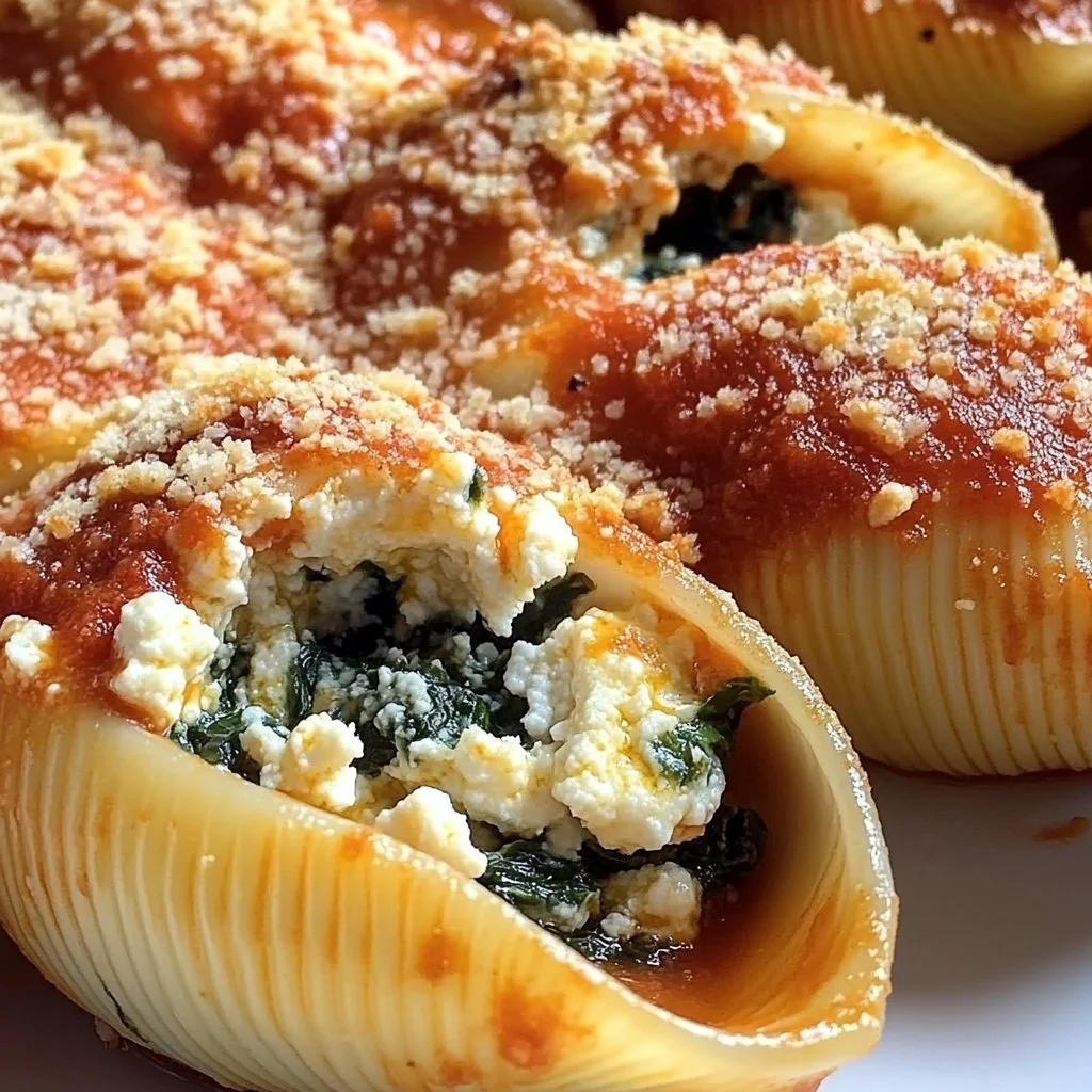 Delicious spinach ricotta stuffed shells served with marinara sauce on a plate