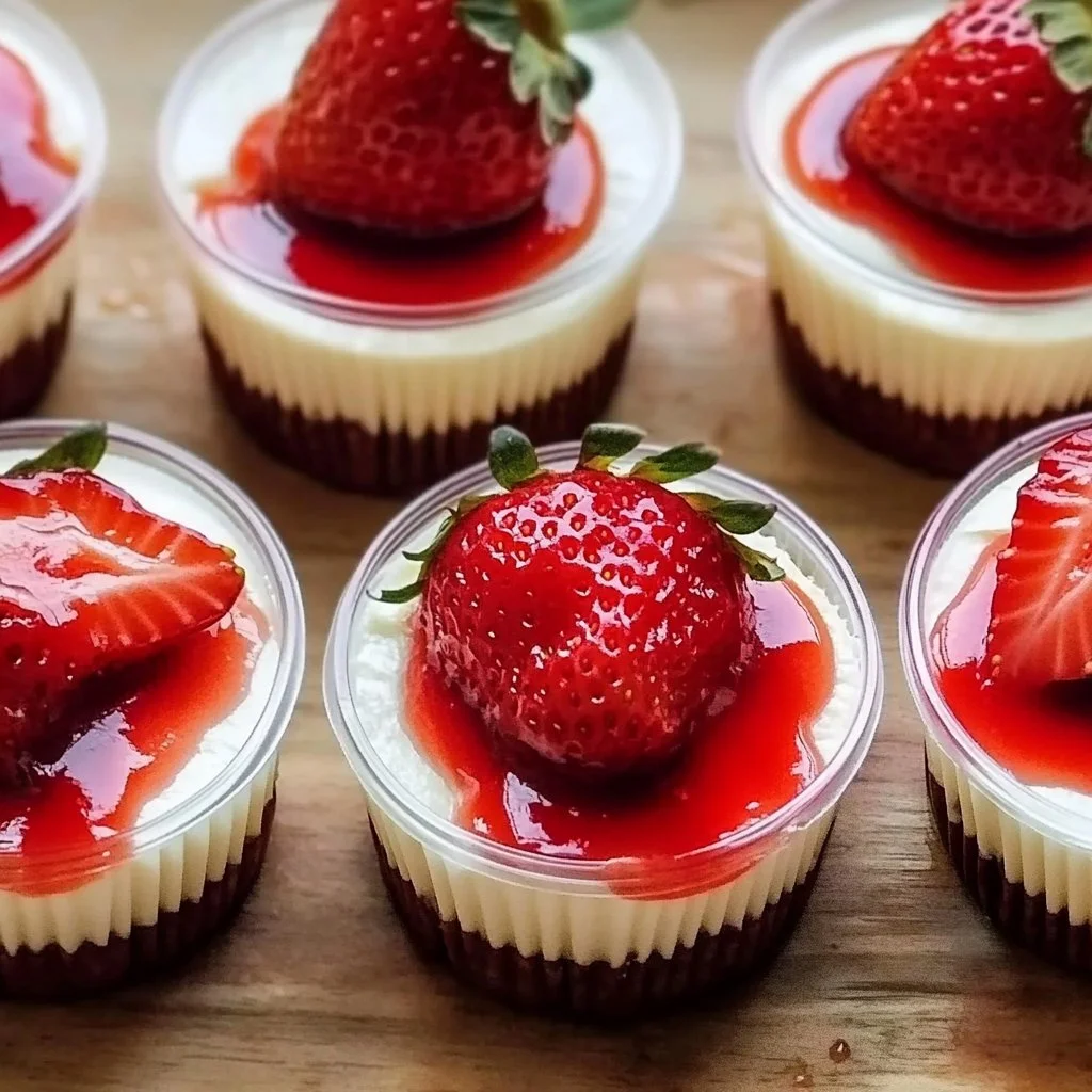 Delicious strawberry cheesecake cups topped with fresh strawberries and whipped cream