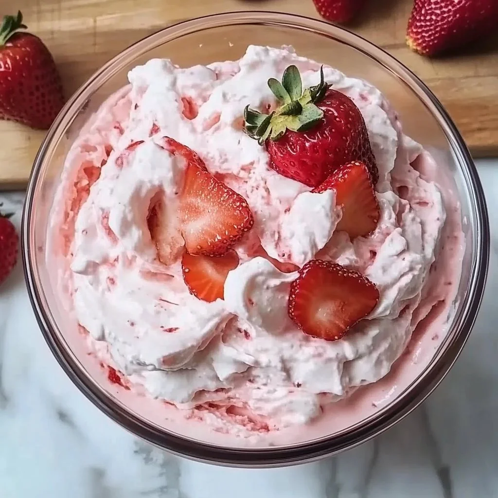 Delicious strawberry cheesecake fluff dessert in a bowl with fresh strawberries on top