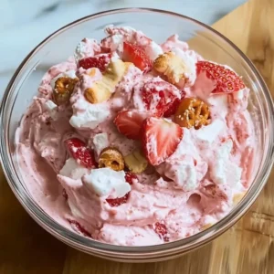 Delicious Strawberry Pretzel Fluff dessert in a bowl with fresh strawberries