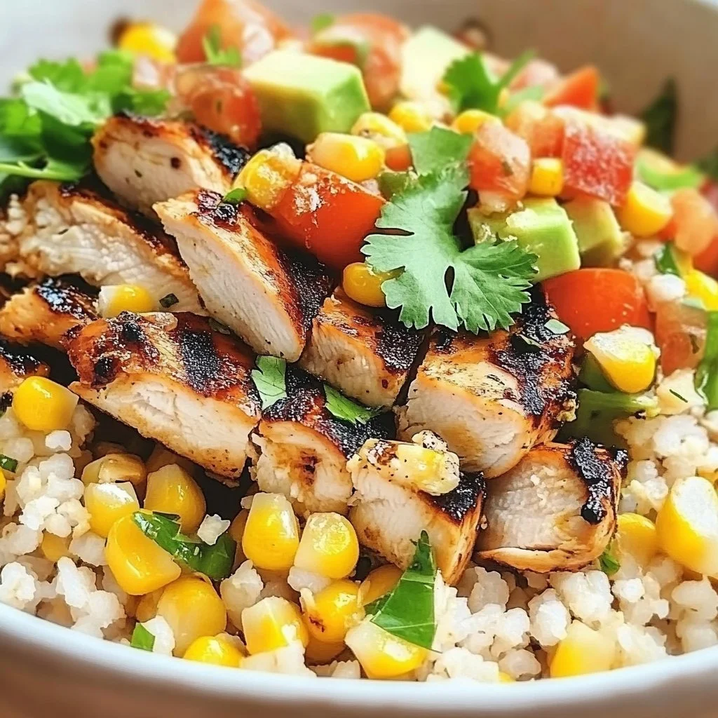 Delicious Street Corn Chicken Bowl with toppings and grilled chicken