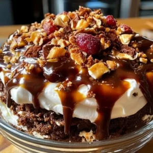 Delicious Turtle Lush Dessert with chocolate, caramel, and whipped cream layers