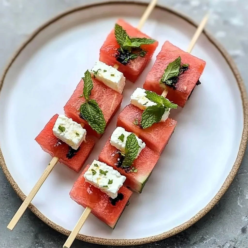 Delicious Watermelon Feta Mint skewers presented on a platter